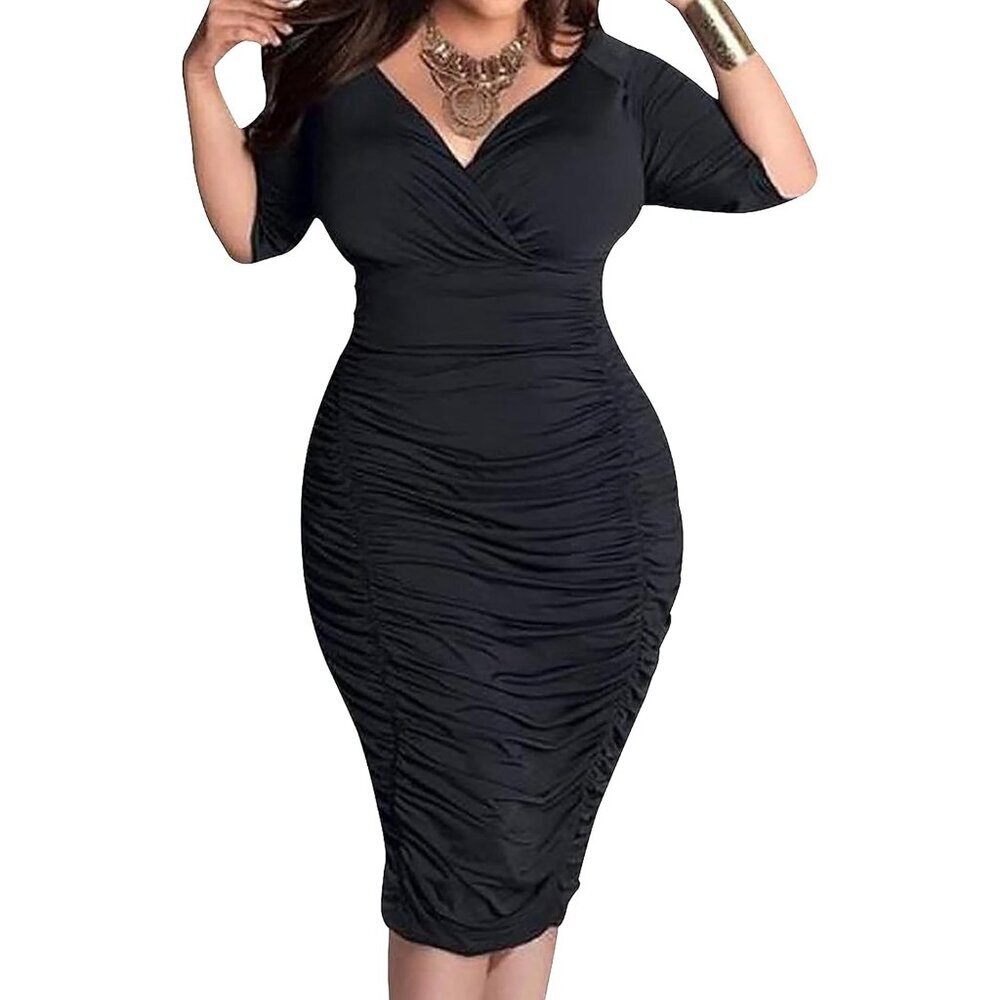 Plus Size Short Sleeve Bodycon Dress V Neck Ruched Wrap Party Midi